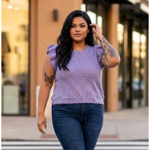 Women's NWOT BLAKELEY Pastel Lilac Eyelet Ruffle Sleeve Crew Neck Sweater 2X